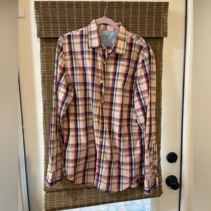 Banana Republic Men's Pink and Yellow Plaid Shirt